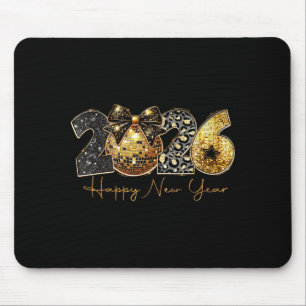 2026 Happy New Year Gold Disco Leopard Bow Coquett Mouse Pad