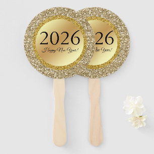 2026 happy new year,gold metallic sparkles hand fan