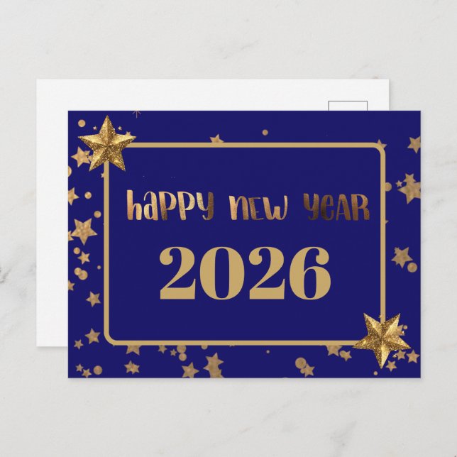 2026,Happy new year!gold stars & navy background Postcard (Front/Back)