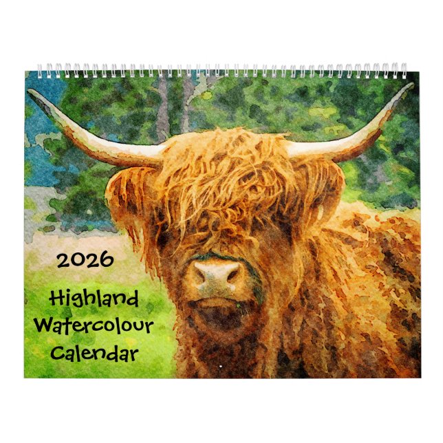 2026 Highland Cow Cattle Cute Watercolor Paintings Calendar (Cover)