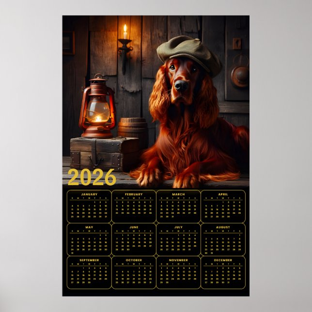 2026 Irish Setter in Green Beret Rustic Calendar Poster (Front)
