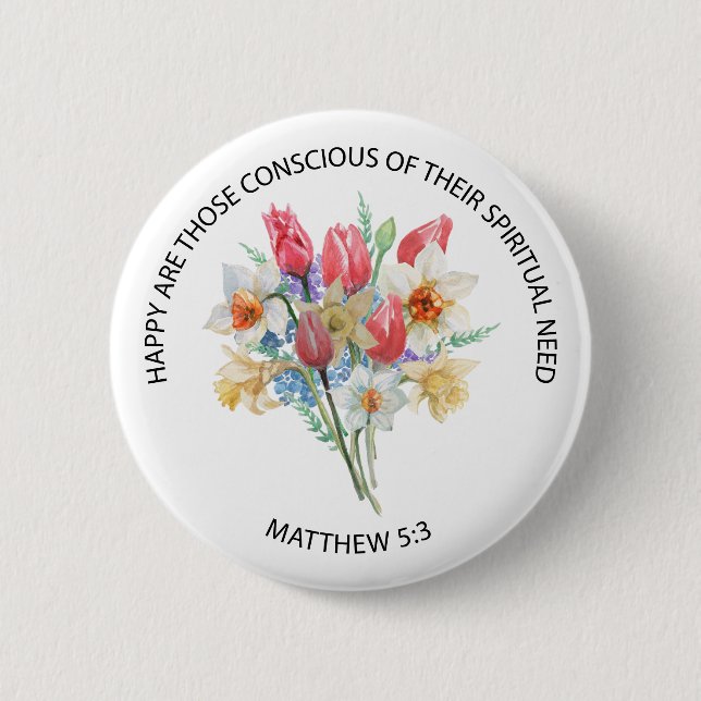 2026 JW Year Text Matthew 5v3 Spring Flowers 6 Cm Round Badge (Front)