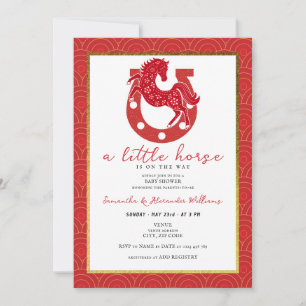 2026 Little Horse Floral Horseshoe Red Baby Shower Invitation