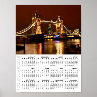 2026 London Calendar, Tower Bridge at Night / UK Poster