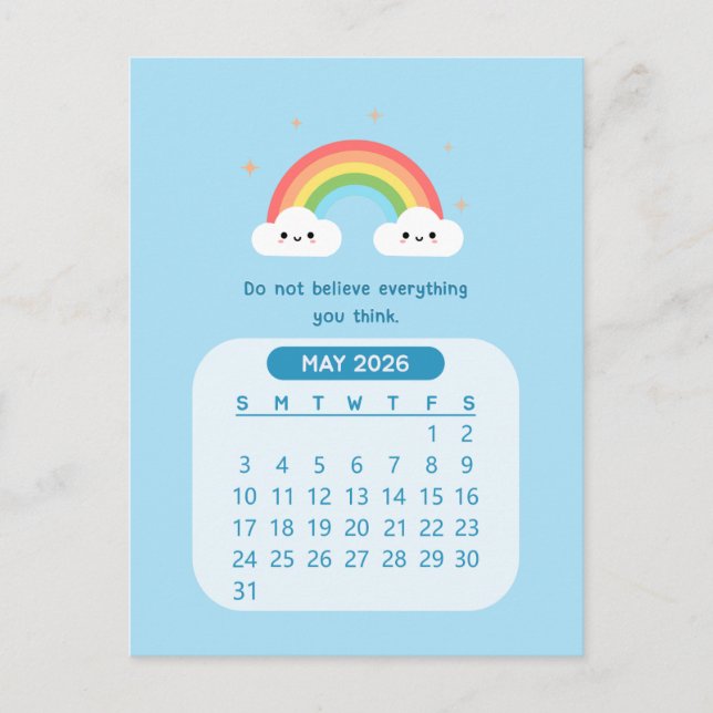 2026 May Monthly Cute Kawaii Motivational Calendar Postcard (Front)