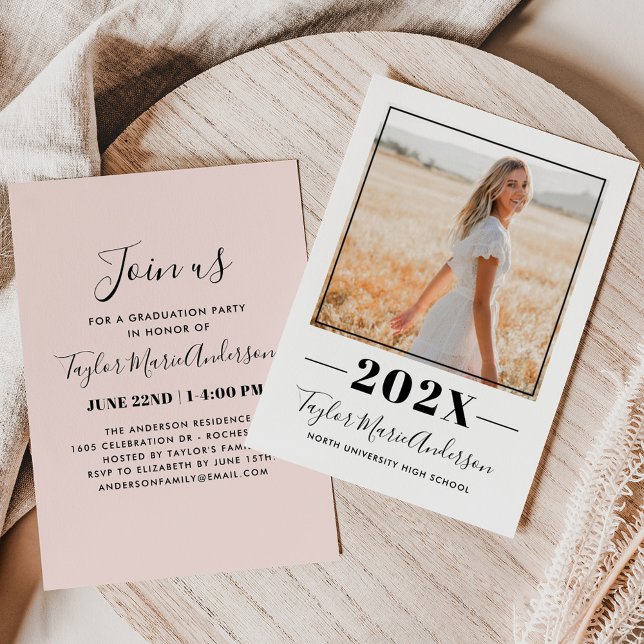 2026 Minimalist Blush Black Photo Graduation Party Invitation (Creator Uploaded)