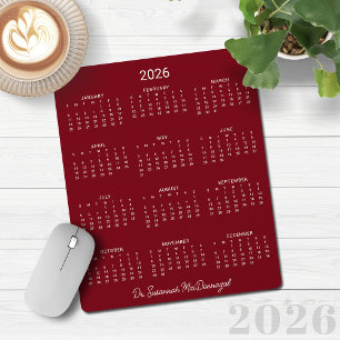 2026 Minimalist Burgundy Red Calendar Mouse Pad