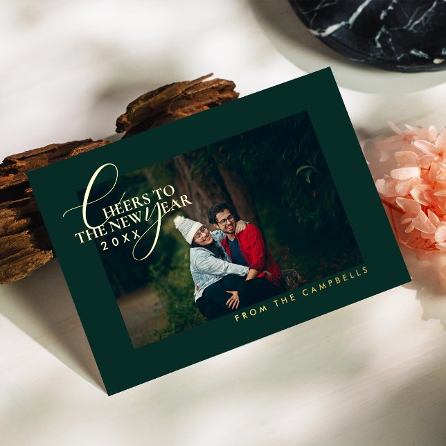 2026 Minimalist Modern Script Green Photo Foil Holiday Card (Creator Uploaded)