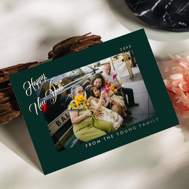 2026 Minimalist Modern Script Green Photo Foil Holiday Card (Creator Uploaded)