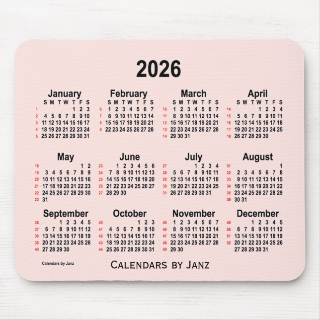 2026 Misty Rose 52 Weeks Calendar by Janz Mouse Pad (Front)