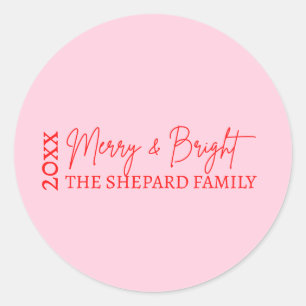 2026 Modern Merry and Bright Red Pink Christmas Classic Round Sticker