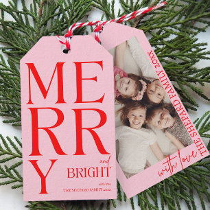 2026 Modern Merry and Bright Red Pink Christmas Gift Tags