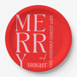 2026 Modern Merry and Bright Red Pink Christmas Paper Plate