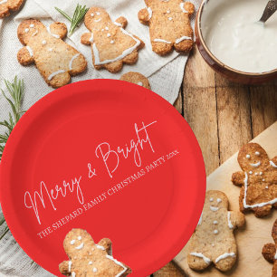 2026 Modern Merry and Bright Red Pink Christmas Paper Plate
