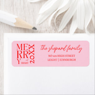 2026 Modern Merry and Bright Red Pink Christmas Return Address Label