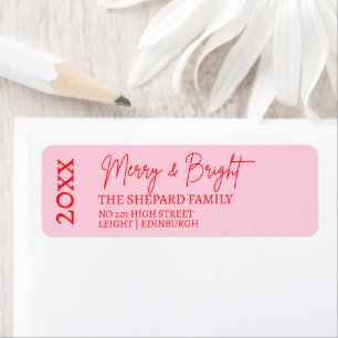 2026 Modern Merry and Bright Red Pink Christmas Return Address Label