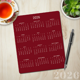 2026 Modern Minimalist Burgundy Maroon Calendar Mouse Pad