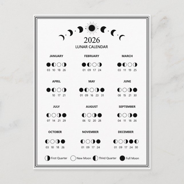 2026 Moon Phase Calendar Lunar Cycles Minimalist Postcard (Front)