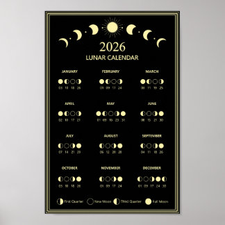 2026 Moon Phase Calendar Lunar Cycles Minimalist Poster