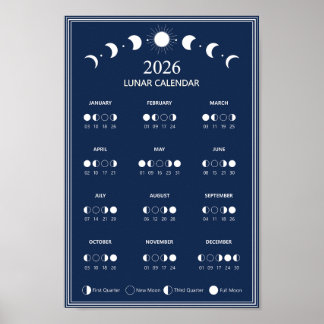 2026 Moon Phase Calendar Lunar Cycles Minimalist Poster