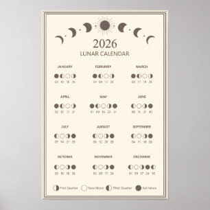 2026 Moon Phase Calendar Lunar Cycles Minimalist Poster
