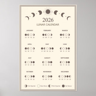 2026 Moon Phase Calendar Lunar Cycles Minimalist Poster