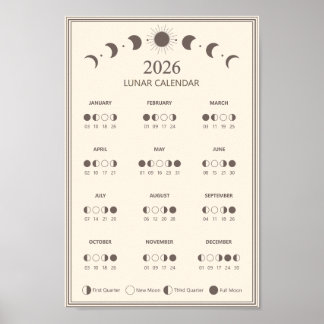 2026 Moon Phase Calendar Lunar Cycles Minimalist Poster