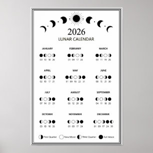 2026 Moon Phase Calendar Lunar Cycles Minimalist Poster