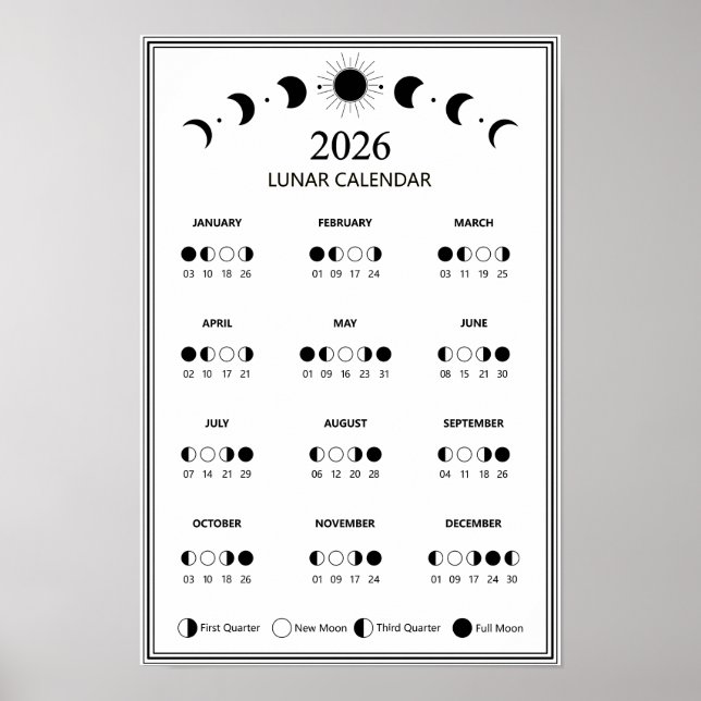 2026 Moon Phase Calendar Lunar Cycles Minimalist Poster (Front)