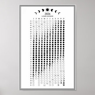 2026 Moon Phase Lunar Cycles Calendar Minimalist Poster
