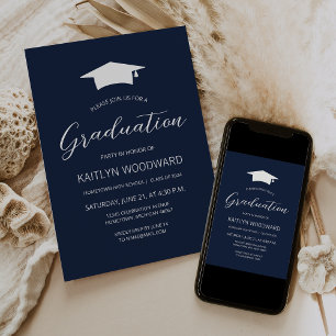 2026 Navy Blue White Cap Modern Graduation Party Invitation