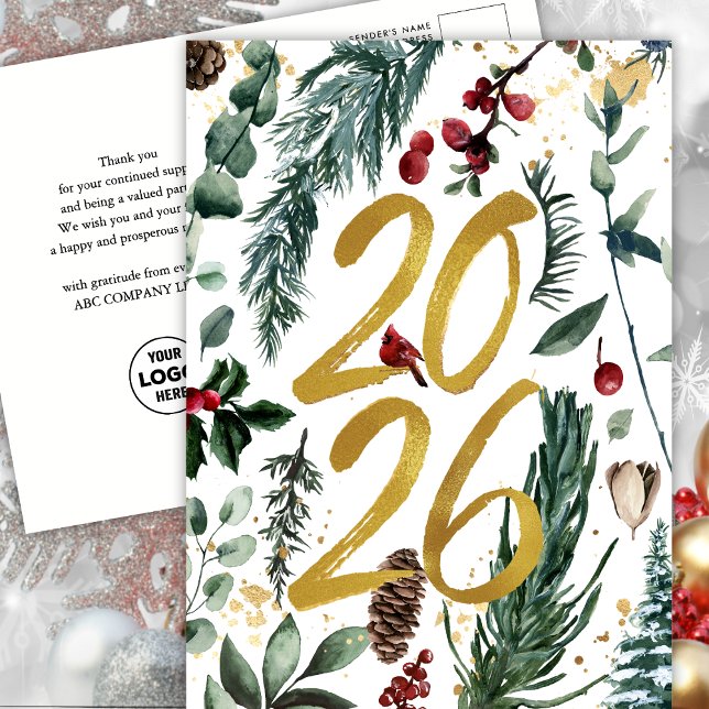 2026 New Year Business Festive Pine Bough Gold Postcard (Creator Uploaded)