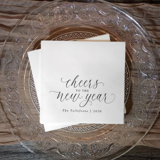 2026 New Year Cheers Elegant Script Party Napkin (Elegant black and white New Year’s napkin with “cheers to the new year 2026” in chic script.)