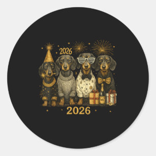 2026 New Year Dachshund Gold Vintage Party Art  Classic Round Sticker