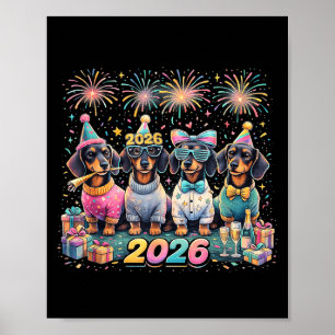 2026 New Year Dachshund Party Fireworks Fun  Poster