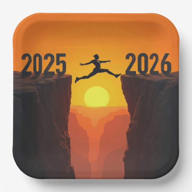 2026 New Year Silhouette Leaping a Cliff Paper Plate (Front)