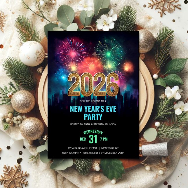 2026 New Year's Eve Party Elegant Fireworks Invitation (2026 New Year's Eve party invitation front with city and fireworks design.)