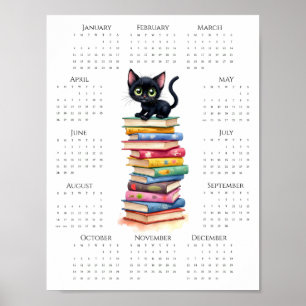 2026 One-Page Calendar Black Cat on Colourful Book Poster