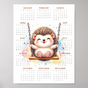 2026 One-Page Calendar Cute Hedgehog on Swing Poster
