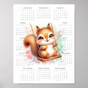 2026 One-Page Calendar Cute Squirrel on Swing Poster