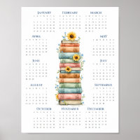 2026 One-Page Calendar Stacked Books Bold Blue