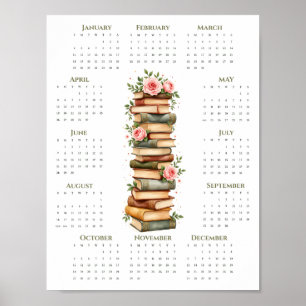 2026 One-Page Calendar Vintage Books and Roses Poster
