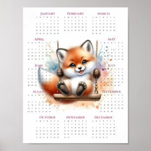 2026 One-Page Calendar Whimsical Fox on Swing Poster