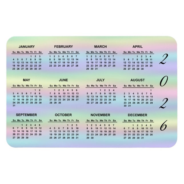 2026 Pastel Rainbow Holographic Calendar Magnet (Horizontal)