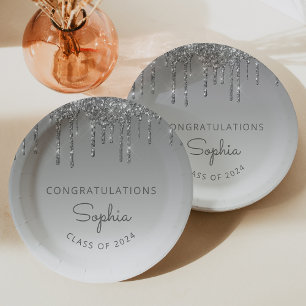 2026 Personalised Silver Glitter Drip Graduation Paper Plate