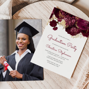 2026 Photo Burgundy Floral Graduation Party Invitation