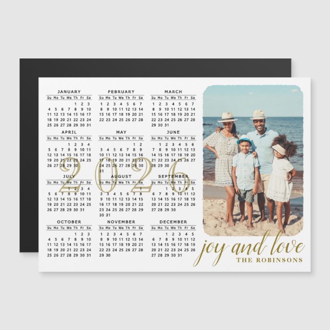 2026 Photo Calendar Magnet Modern Black White Gold (Front/Back)