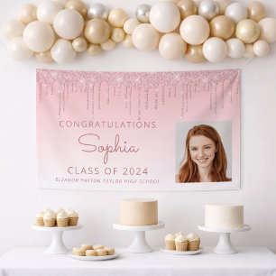 2026 Photo Pink Glitter Drip Graduation Banner