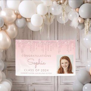 2026 Photo Pink Glitter Drip Graduation Banner