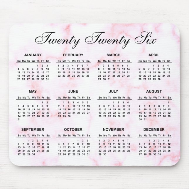 2026 Pink and White Marble Calendar Mouse Pad (Front)